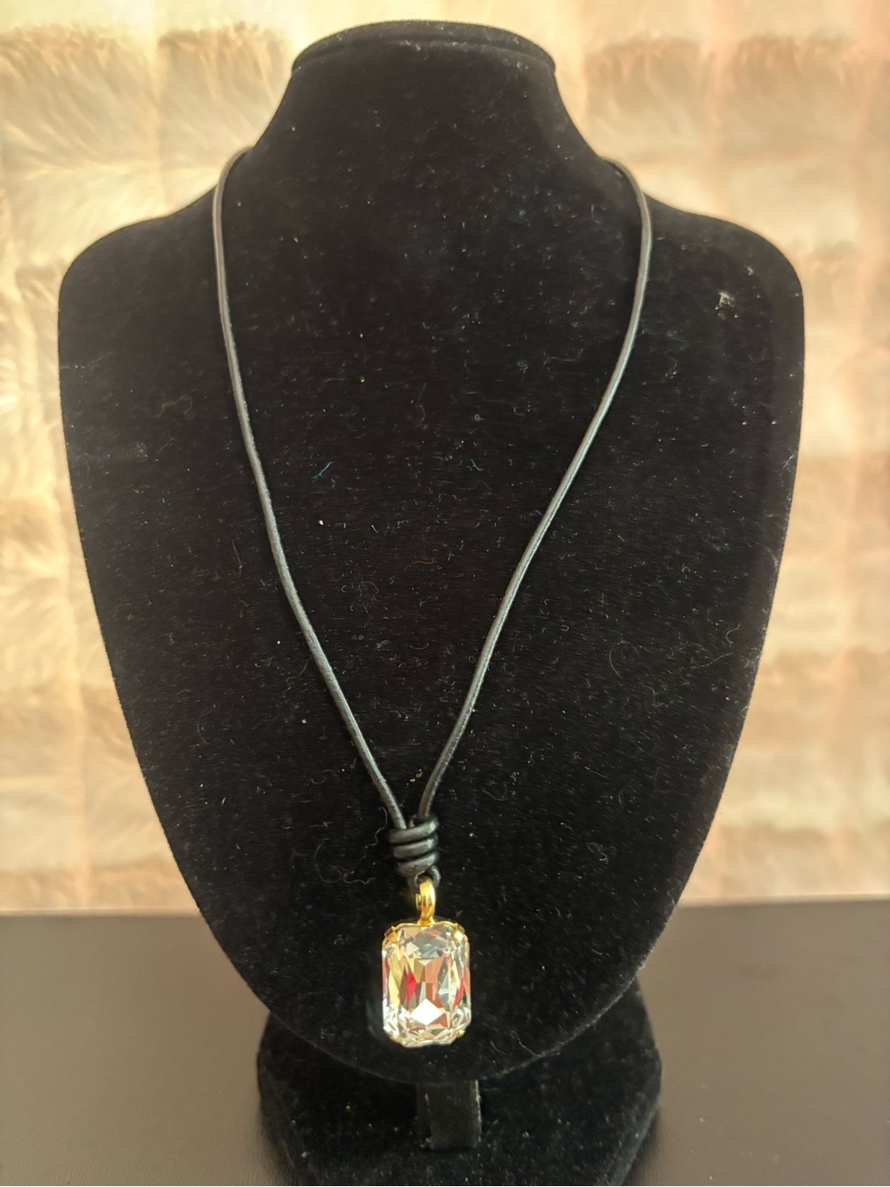 Clear Crystal Pendant Necklace on Black Leather Cord - Gold Accent